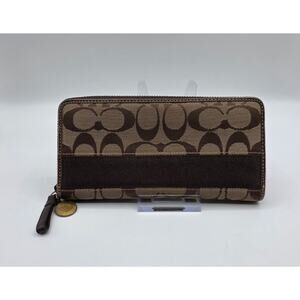 Coach Signature Stripe Accordion Zip Wallet Brown Canvas Leather Zip Around Wris